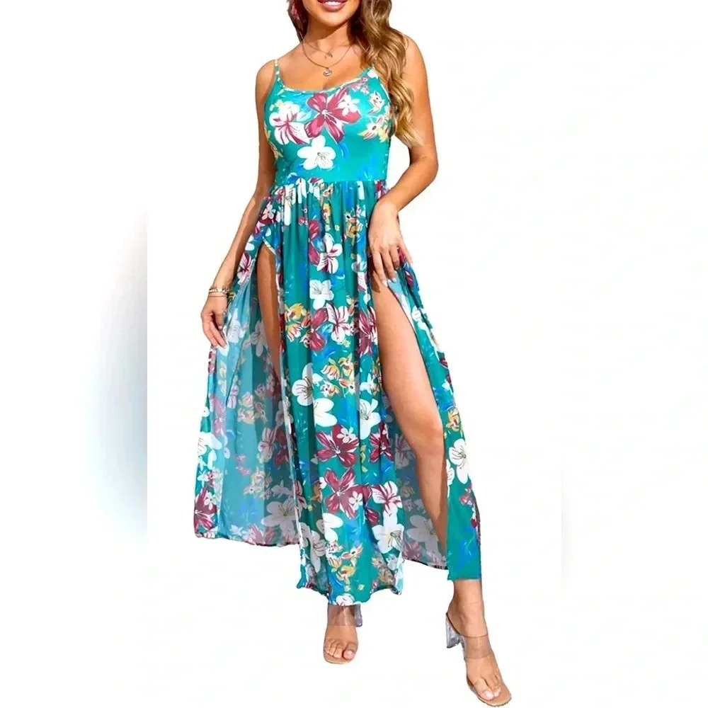 Women Summer Spaghetti Strap Romper Split Maxi Party Casual Dress